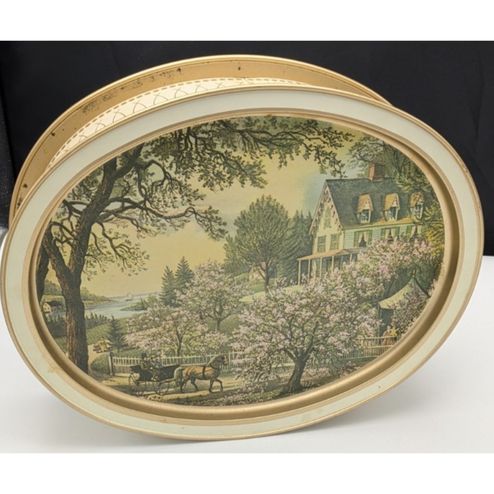 Sunshine Biscuits Tin Both Trays Currier & Ives American Homestead Winter Summer